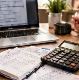 Documentos financeiros e calculadora sobre uma mesa